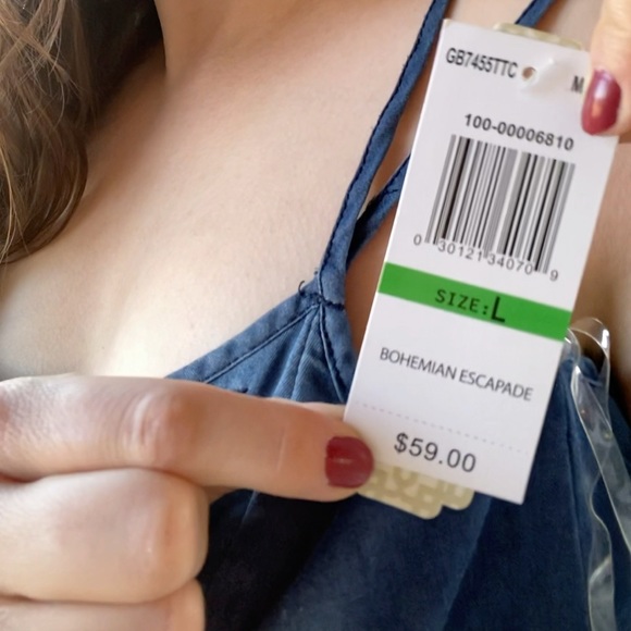 EMBROIDERED Light CHAMBRAY Lace BOHO Denim Dress L - Picture 3 of 6